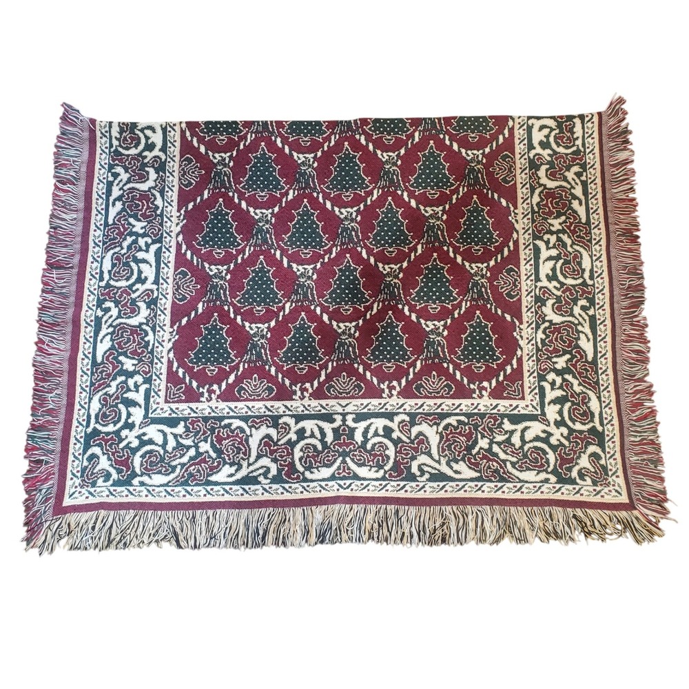 Fieldcrest Christmas‎ Woven Tapestry Throw Blanket Holly & Berries Cotton Fringe